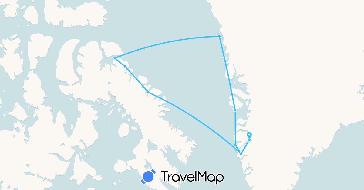 TravelMap itinerary: driving, boat in Canada, Greenland (North America)